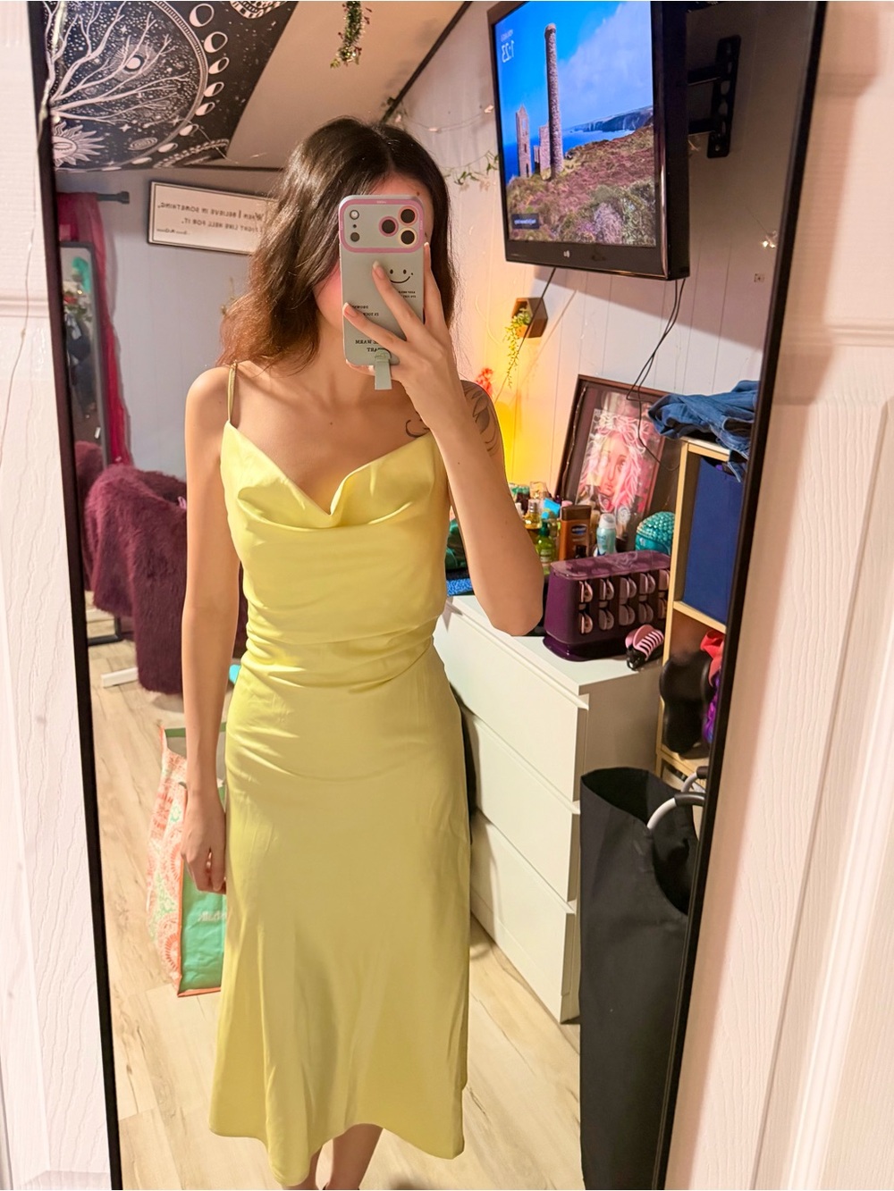 storets Yellow Satin Slip Midi Dress with Cowl Neck